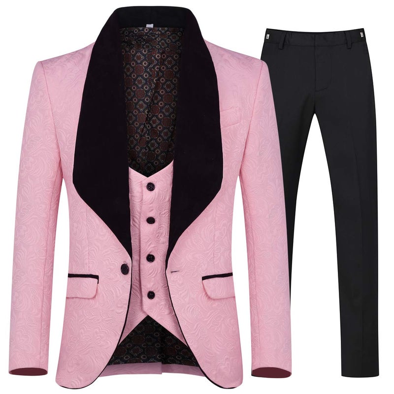 YFFUSHI Men's 3 Piece Suit Slim Fit Jacquard Tuxedo One Button Shawl Collar Jacket Vest Trousers Pink - Image 1